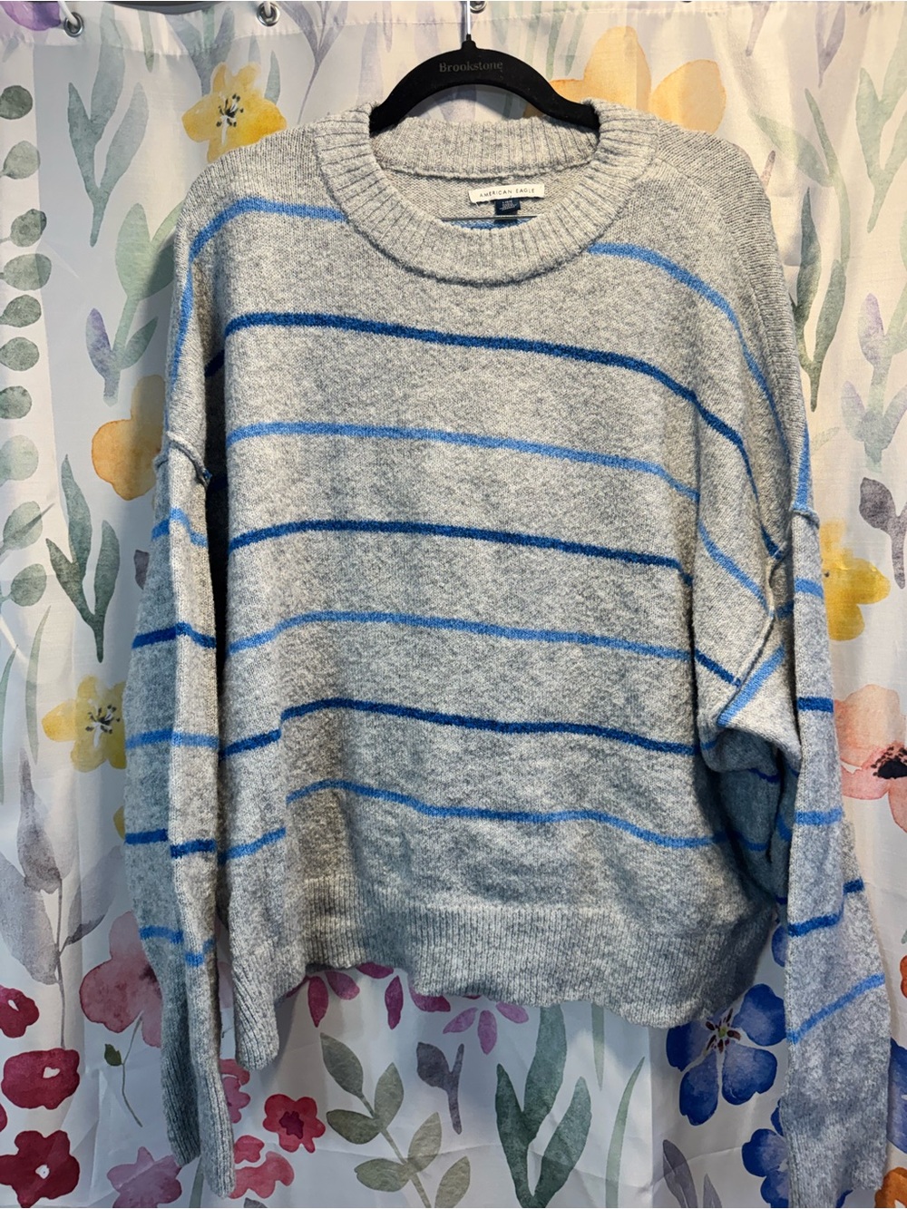 American Eagle Outfitters Gray Crewneck Sweater with Blue Stripes